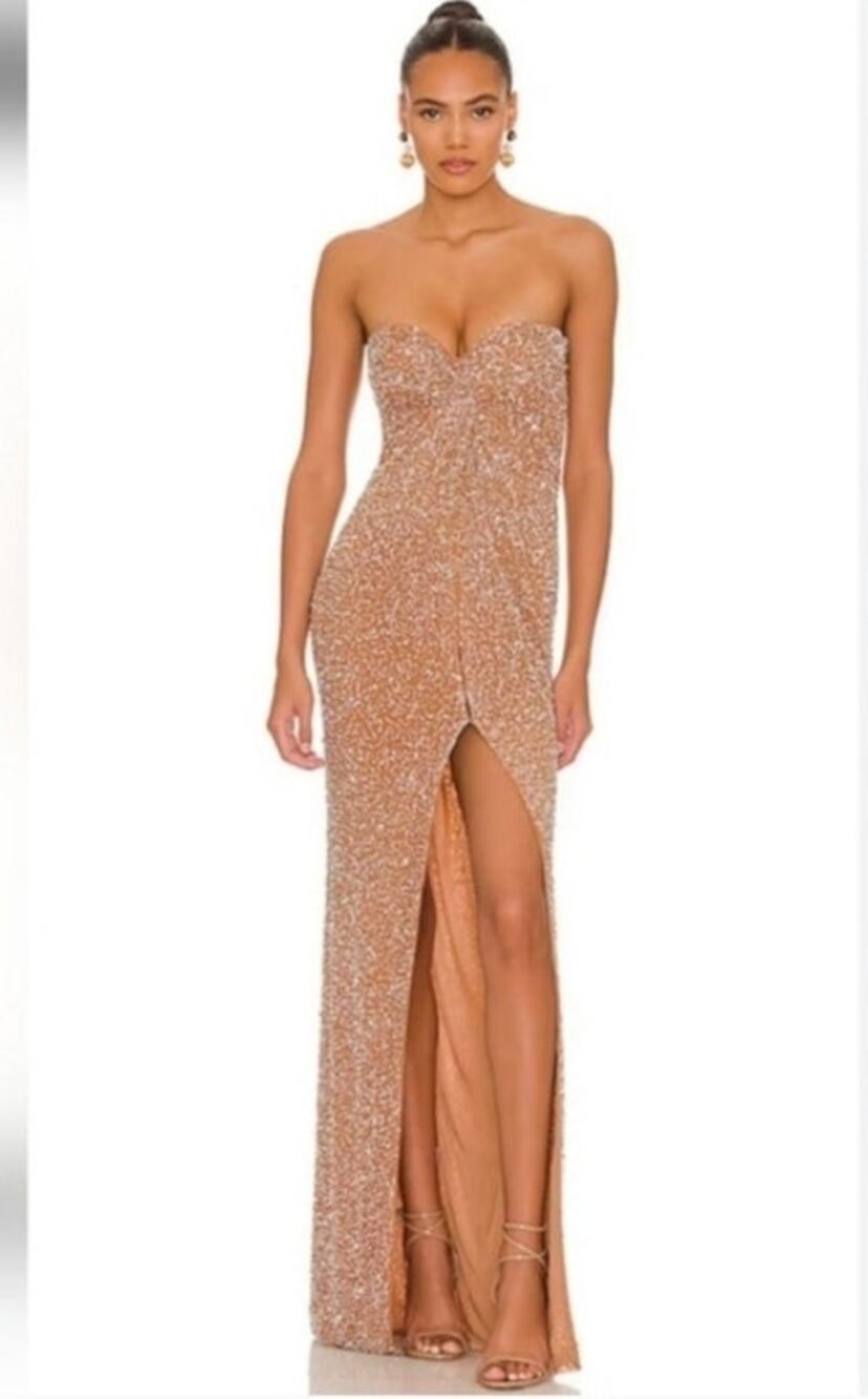 Retrofete Evie Sequin Dress in Nude Silver Size Small Strapless Maxi